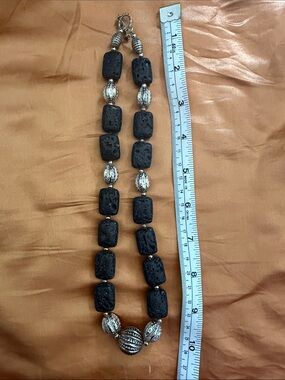 Black Lava Stone and Silver Bead Necklace